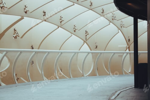 Preview: Bright and airy pattern in a corridor and a vanishing point. Modern architecture.