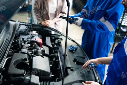 Preview: Mechanic in blue overalls checking serviceability of car engine