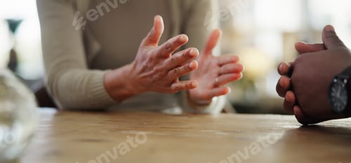 Preview: Hands, couple and angry in home, table and argument of people, fighting with accusation and drama.