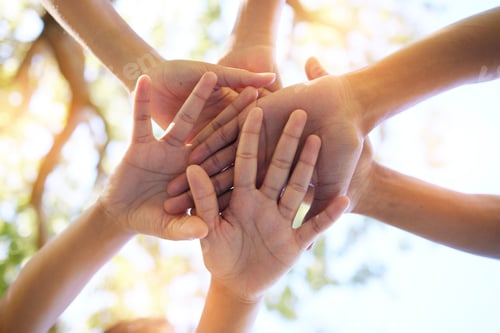 Preview: Hands, community and group in unity for trust, support or teamwork goals piling together below for
