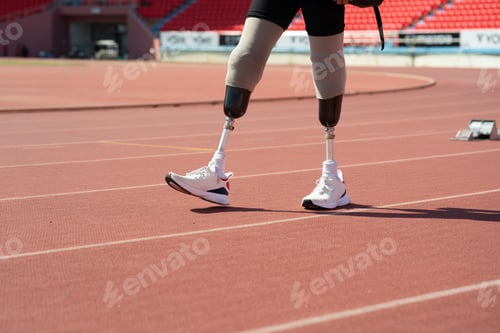 Preview: Asian para-athletes with prosthetic blades sprint on a running track at stadium.