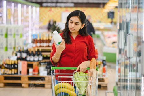 Preview: Woman buying groceries checking product label in supermarket