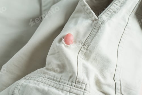 Preview: Damaged clothes, the buyer's hand checking the material and showing a finger in the hole, close-up