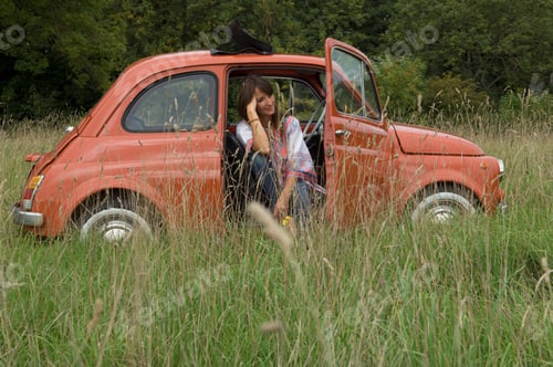Preview: Relaxed female sitting in car in field
