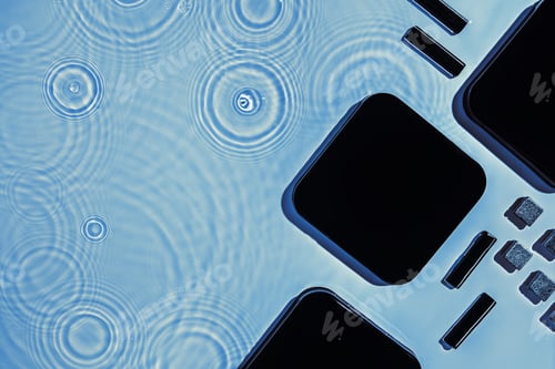 Preview: Abstract black geometric figures composition on transparent blue clear water