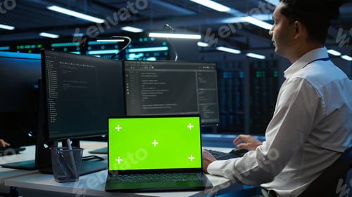 Preview: Expert in server room coding on chroma key notebook