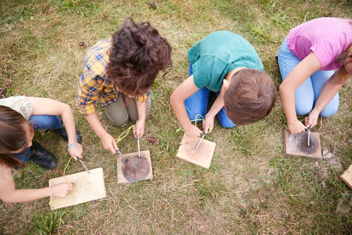 Preview: Overhead Shot Of Group Of Children On Outdoor Camping Trip Learning How To Make Fire