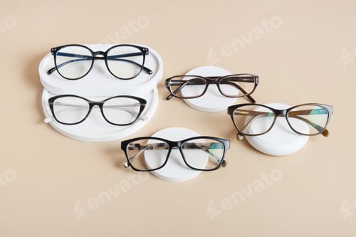 Preview: Podiums with eyeglasses on beige background. Optical store, vision test, stylish glasses concept