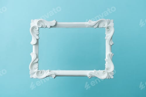 Preview: White vintage frame on pastel blue background. Minimal border composition.