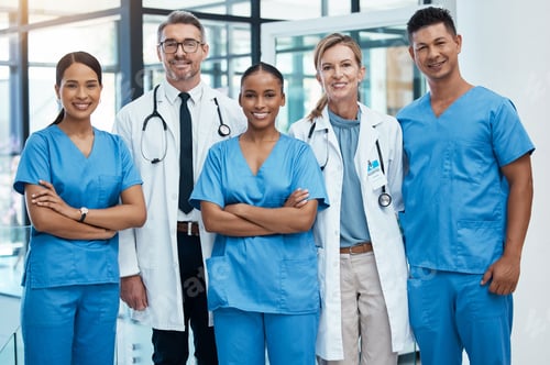 Preview: Happy doctors and nurse smile at a hospital with support, teamwork and collaboration with diversity