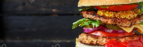 Preview: Burger, Meat Cutlet Beef Steak, Tomato, Sauce And Lettuce Tasty Meat Snack Sandwich Menu Concept