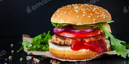 Preview: Burger, Meat Cutlet Beef Steak, Tomato, Sauce And Lettuce (Tasty Meat Snack Sandwich) Menu Concept