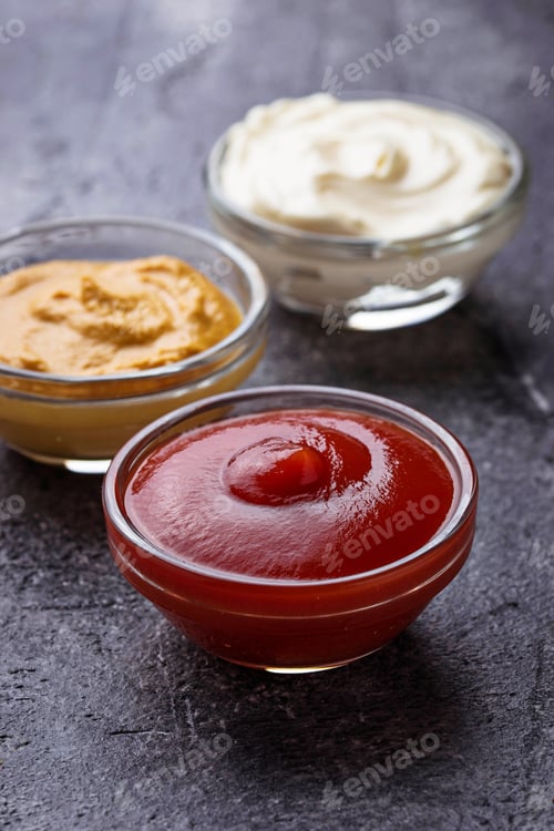 Preview: Set of different sauces: mustard, ketchup, mayonnaise.