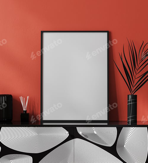Preview: mock up blank poster frame in modern interior with red wall and stylish decoration