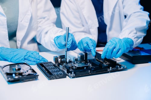 Preview: The technician is putting the CPU on the socket of the computer motherboard.