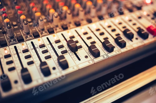 Preview: Music mixer and digital equalizer at concert or party in the nightclub