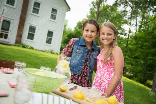 Preview: A summer family gathering at a farm. Two children standing side by side. Making homemade lemonade.