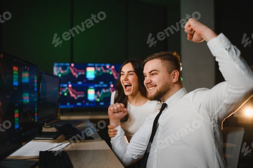 Preview: Traders celebrating financial success watching cryptocurrency stock market charts