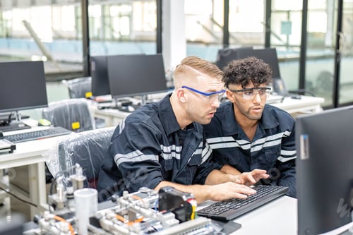 Preview: Engineer sitting in robot fabrication room quality checking electronic control board engineering
