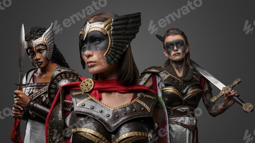 Preview: Three antique warriors women armed with cold steel