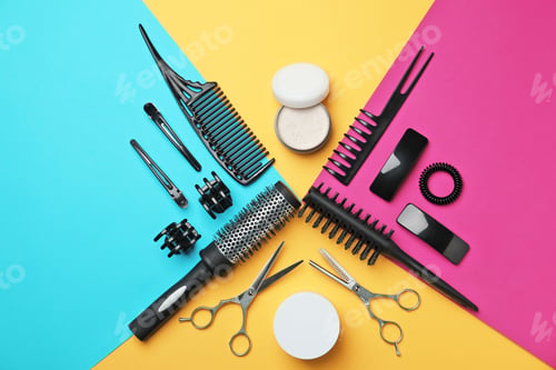 Preview: Professional hairdresser set on color background