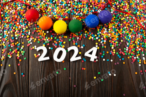 Preview: White numbers 2024 and color sugar sprinkles on wooden table with color balls garland