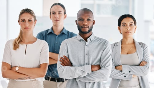 Preview: Motivation, arms crossed and serious with business people standing in corporate company building to