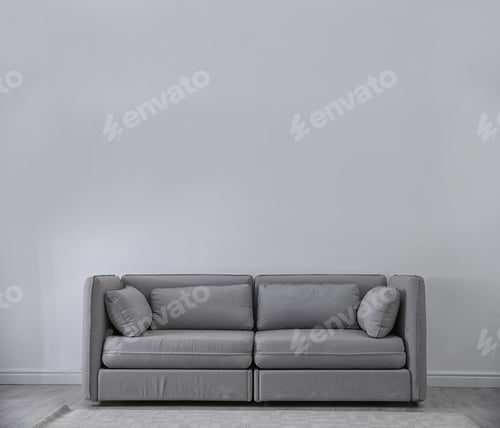 Preview: Simple living room interior with comfortable sofa near light wall. Space for text