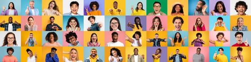 Preview: Multicolored collage of diverse happy people on background