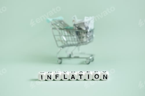 Preview: Shopping basket cart with dollars cash and word Inflation on blue background.
