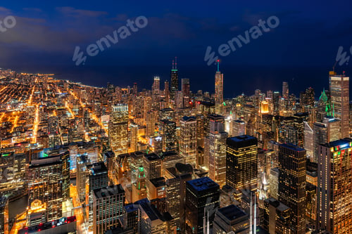 Preview: Aerial view of Chicago cityscape skyscraper under the blue sky at beautiful twilight time in Chicago