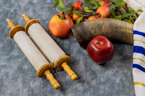 Preview: Jewish New Year symbols with shofar glass honey jar, fresh apples, and pomegranates celebrating Rosh