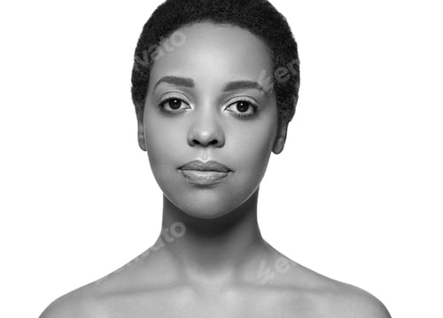 Preview: Black skin beauty woman pure natural skin afro girl isolated on white. Monochrome. Black. Gray.