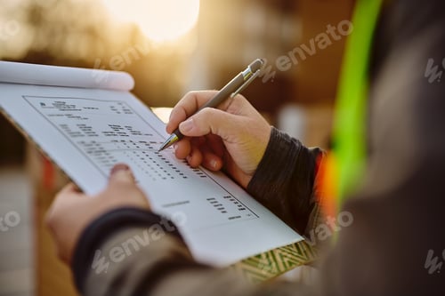 Preview: Close up of truck driver taking notes while going through delivery list.