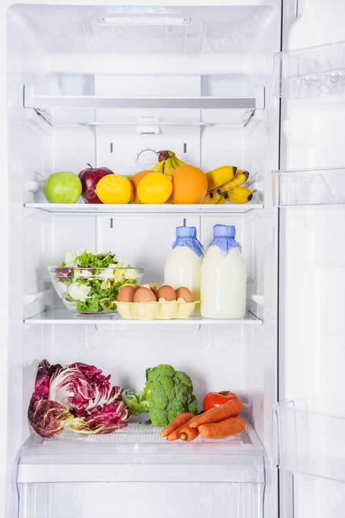 Preview: fruits, vegetables and milk with eggs in fridge