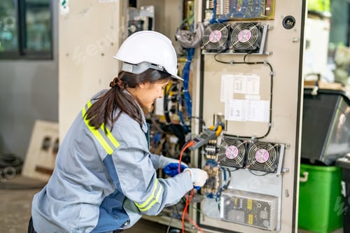 Preview: Female worker working on a machine in factory