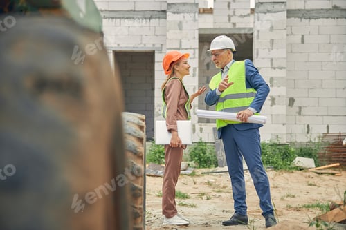 Preview: Pleased woman with a laptop gazing at a foreman