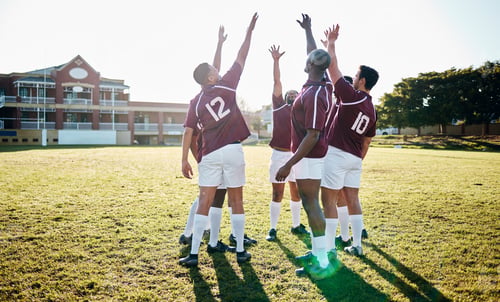 Preview: Man, sports and team in celebration for winning, victory or success in collaboration together on gr