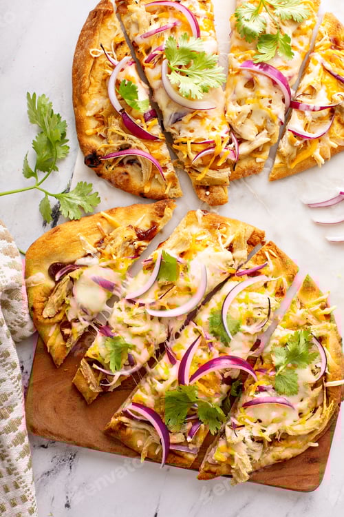 Preview: Barbecue chicken flatbreads with hot sauce and red onion