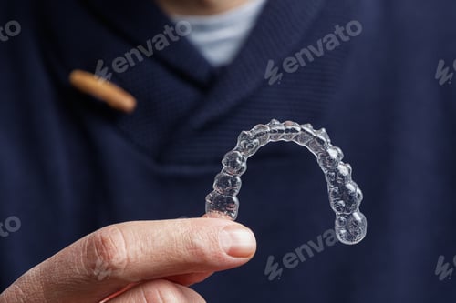 Preview: Man holding one transparent aligner. Invisalign orthodontics concept