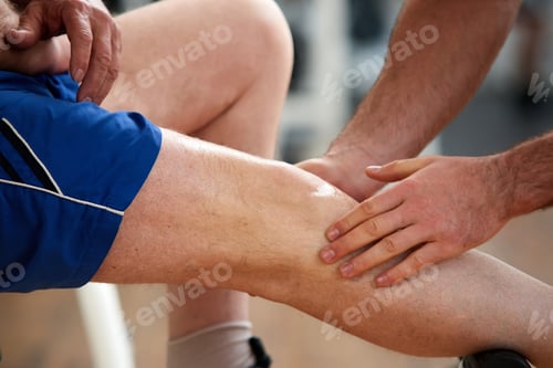 Preview: Close up man with injured leg in gym.
