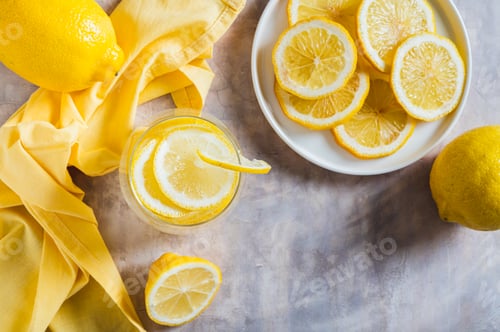 Preview: Refreshing lemon water in a glass on the table top view
