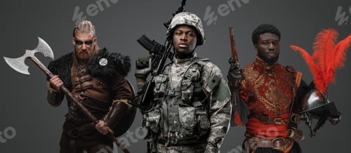 Preview: Modern black soldier and viking with medieval conquistador