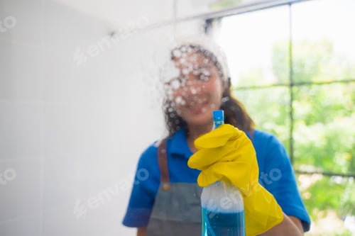 Preview: Happy woman cleaning house, Housekeeping and cleaning service, People doing housework at home