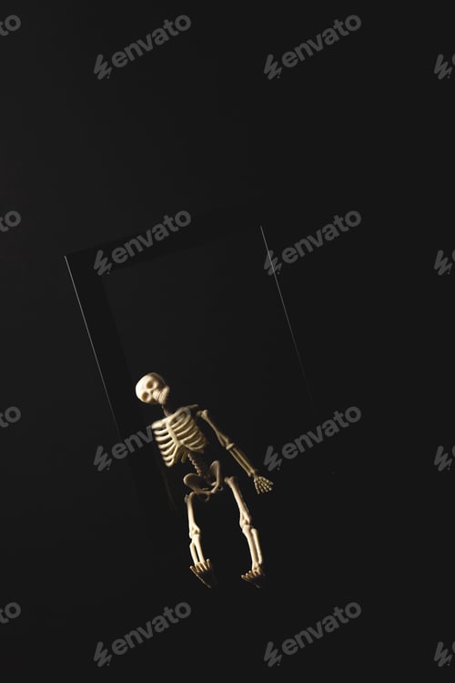 Preview: The skeleton as a symbol of Halloween sits on the corner of a black frame against a black background