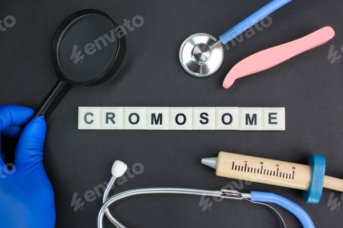 Preview: stethoscope, magnifying glass and needle shape with the word chromosome