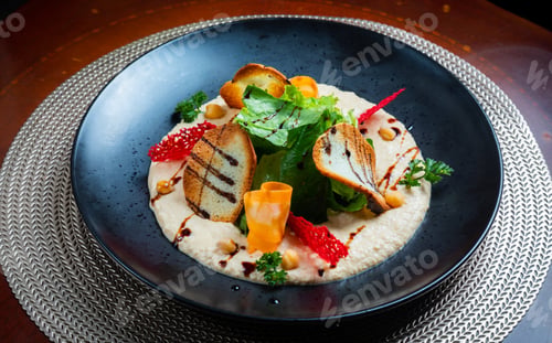 Preview: Salad with vegetables and bread on black background