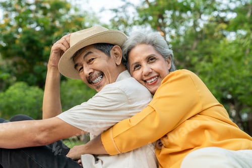 Preview: Portrait of Asian elderly couple spend time on romantic date in garden.