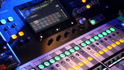 Preview: Close up of dj control panel playing party music on modern player in disco club. Nightlife and