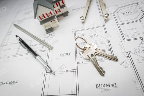 Preview: Home, Pencil, Compass, Ruler and Keys Resting On House Plans